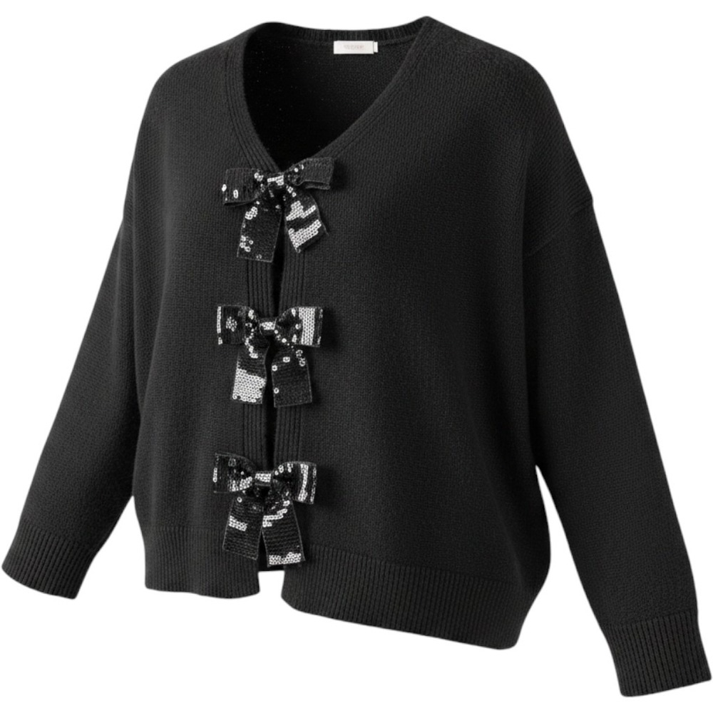 Coquette Black V-Neck Sweater Balletcore NEW Sequined Bows‎ Relaxed Fit XL